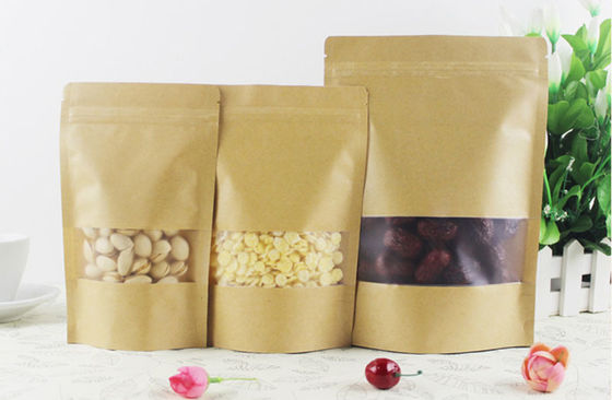 Sacs à dos bruns biodégradables sur mesure avec fermeture à glissière et fenêtre pour emballage alimentaire