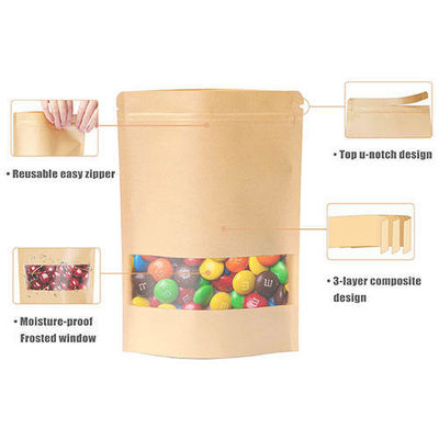 Sac en papier kraft avec fermeture à nouveau verrouillable Fermeture à glissière et fenêtre transparente de design debout
