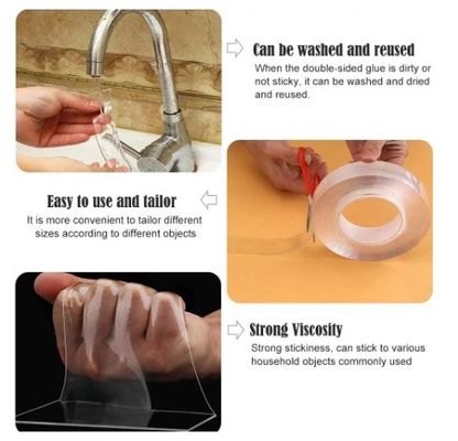 Nano bande double face lavable pour crochet / cuisine / salle de bains 1 mm / 2 mm x 50 mm transparente